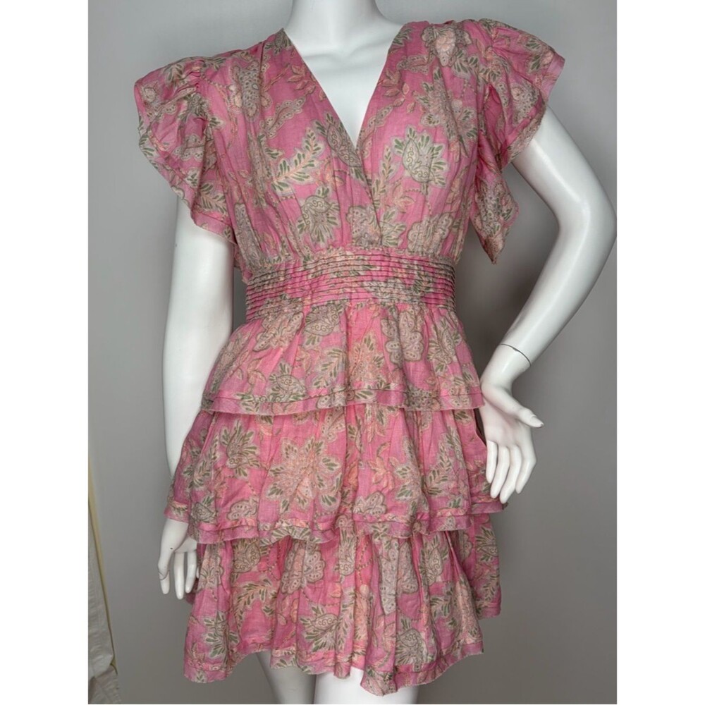Olivaceous Kaylie Dress Pink Floral Tiered Mini Linen Cotton Boho Ruffle V-Neck
